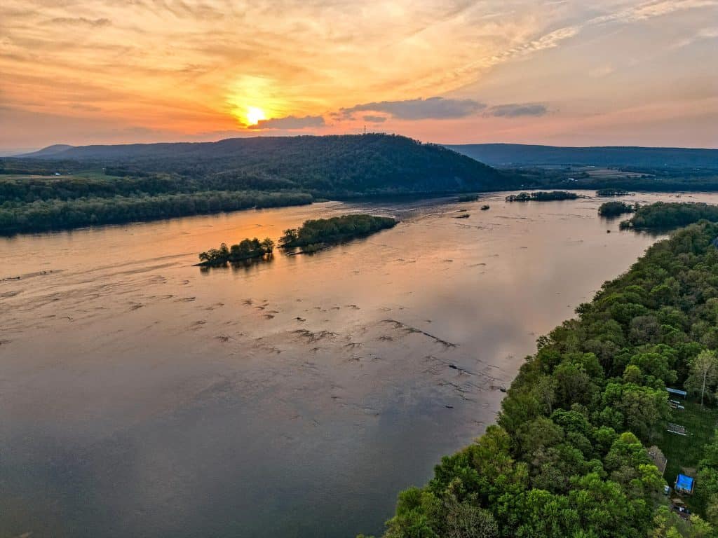Drone view of the Susquehanna River at sunset